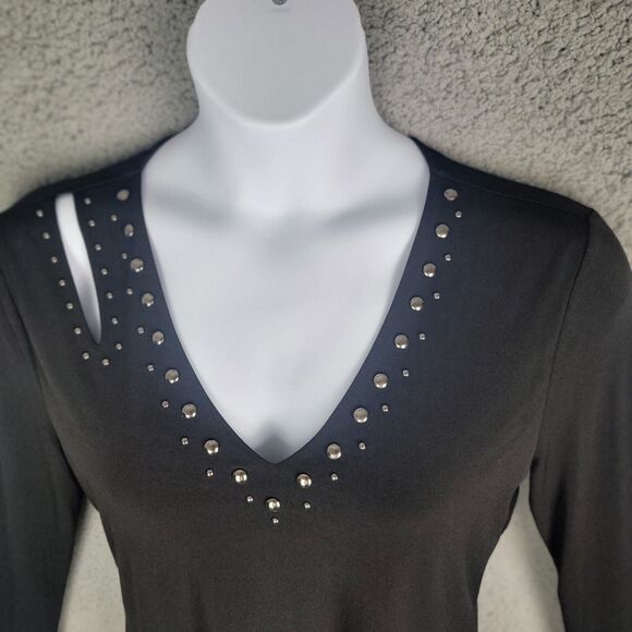 Inc International Concepts Blouse Top L Black Silver Studded Sexy Cutout Mobwife - Picture 2 of 12